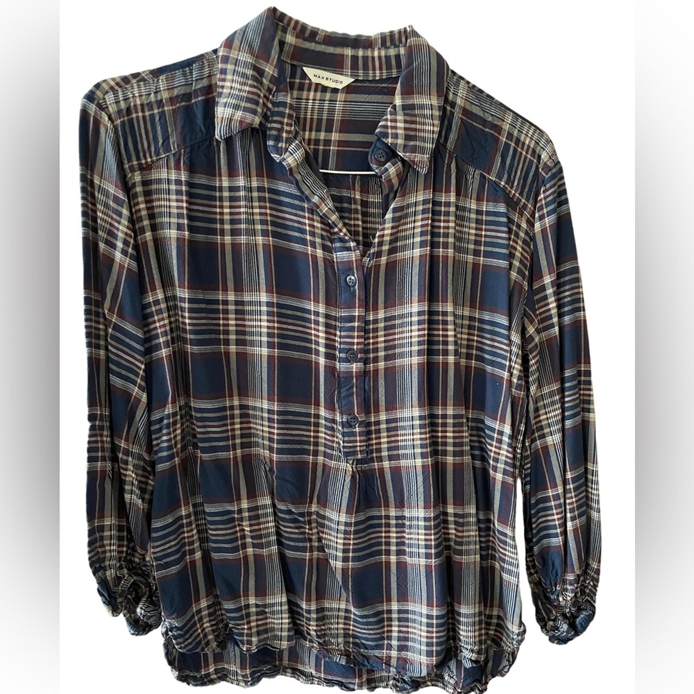 Navy blue white and maroon plaid shirt
